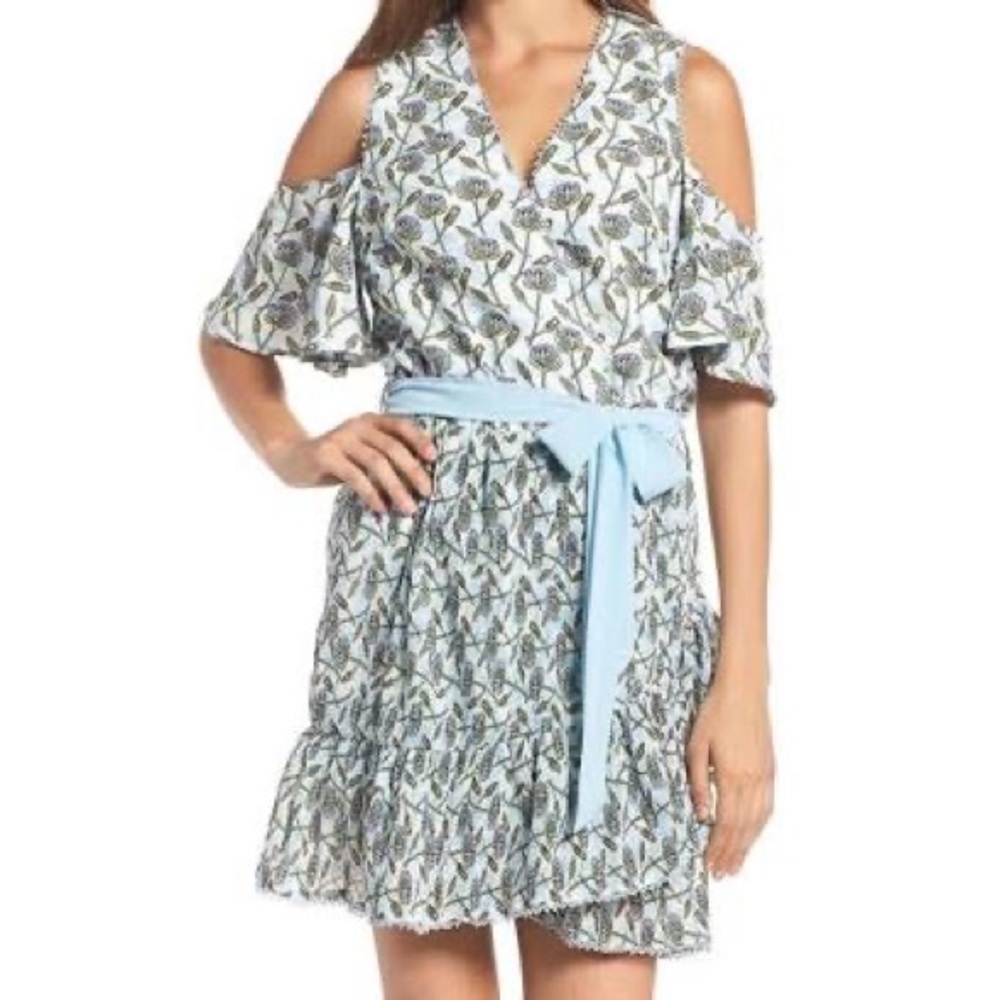 XL FOXIEDOX Dress Blue Floral Ruffle Wrap Front